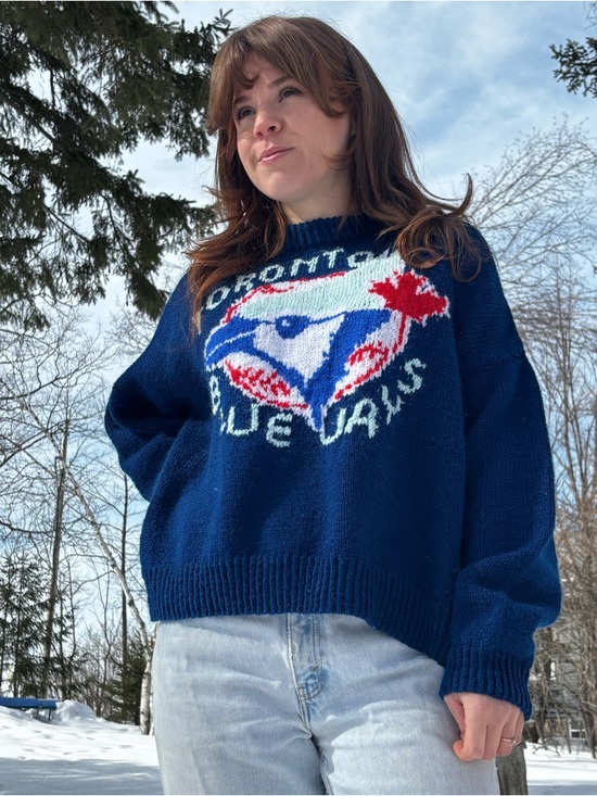 Toronto Blue Jays Sweaters - Vintage Home Knit Toronto Blue Jays Navy Sweater